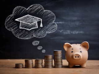 Student loan and tuition. Saving money for education. Stack of coins and piggy bank. Academic cap icon and thought balloon drawn on blackboard.