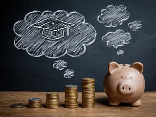 Student loan and tuition. Saving money for education. Stack of coins and piggy bank. Academic cap icon and thought balloon drawn on blackboard.