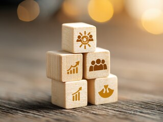 Successful Business Teamwork, Empowering Employees for New Projects and Leadership Success in Corporate Settings. wooden block with icon in goal and success concept