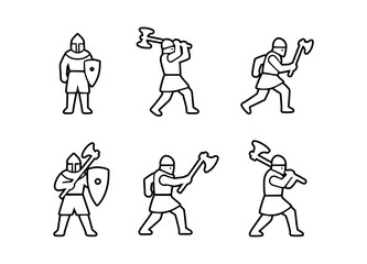 Naklejka premium A set of minimalistic line art illustrations depicting medieval warriors in action. The warriors are shown wielding axes and shields