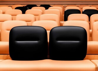 Fototapeta premium Two black leather seats stand out amongst rows of orange auditorium chairs