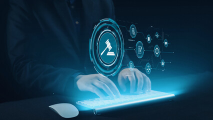 Futuristic digital law interface displaying justice scale, highlighting digital law, AI compliance,...