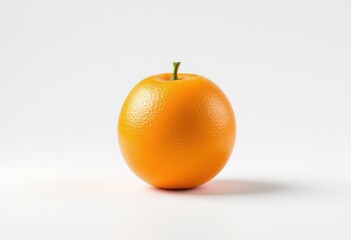 A single, vibrant orange, positioned against a plain white background, displays its smooth, textured rind and stem.