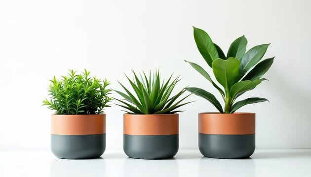 Three potted houseplants in sleek, modern terracotta, dark gray planters arranged on clean white surface. Features small bushy plant, spiky succulent, larger leafy plant. Minimalist home decor,