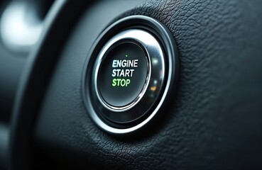 Close-up macro shot of a car engine start stop button. The illuminated button features green text for ENGINE START and STOP on a black background. Part of the textured dashboard interior.