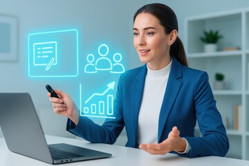 A professional woman giving a presentation using her laptop in a modern office, with several digital icons around her. She appears to be explaining ideas.
