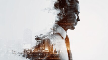 double exposure of businessman shows modern technology as concept no logos no brands ar 169