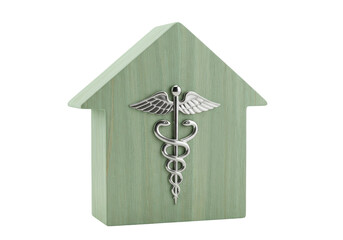 Isolated health care logo, home medicine concept, green house with caduceus, health symbol