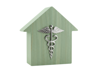 Isolated health care logo, home medicine concept, green house with caduceus, health symbol