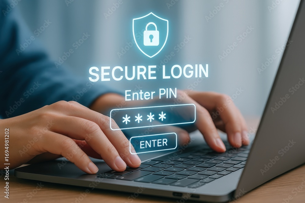 Poster a secure login screen with a person entering a pin on a laptop keyboard. the screen displays a padlo