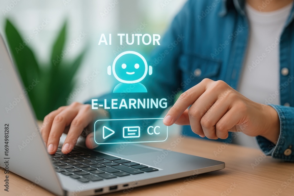 Fototapete an image of a person working on a laptop. it displays an ai tutor interface, indicating e-learning a
