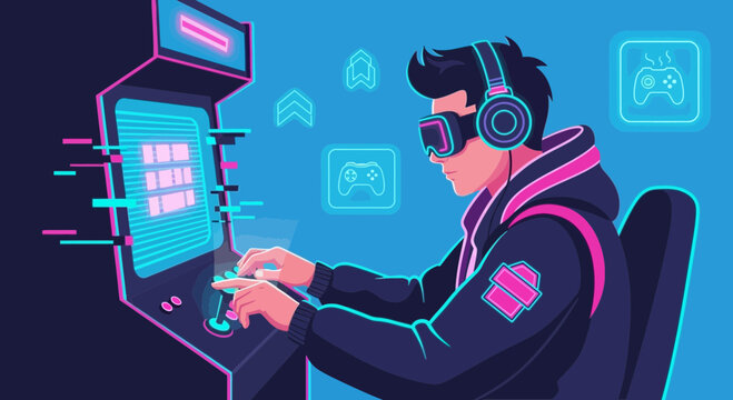 Immersive gaming experience with retro arcade and futuristic virtual reality gear