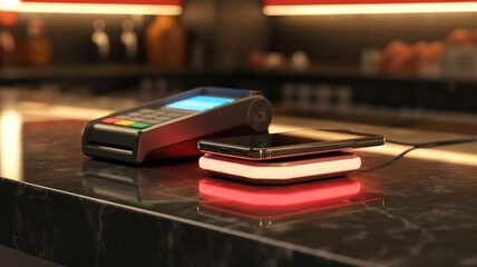 A payment terminal and smartphone charging pad are placed on a sleek countertop, showcasing modern technology and convenience.