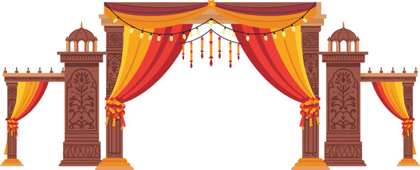 Traditional Indian wedding arch design with detailed carvings, vibrant red and yellow fabric drapery, festive hanging decorations and glowing string lights for celebrations, wedding ceremonies.