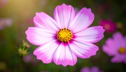 Obraz premium A close-up, vibrant image of a beautiful pink and white cosmos flower, showcasing delicate petals and a golden center, with a soft, natural background.