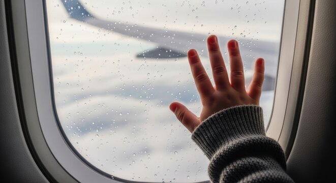 Child's hand on airplane window with raindrops and wing view