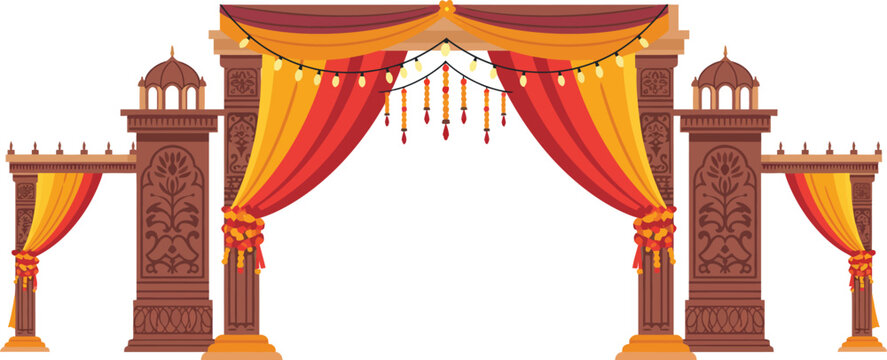 Traditional Indian wedding arch design with detailed carvings, vibrant red and yellow fabric drapery, festive hanging decorations and glowing string lights for celebrations, wedding ceremonies.