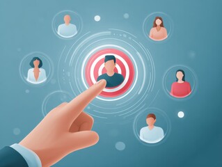 Target market or audience. Marketing segmentation strategy and plan. Marketer touching client icon.