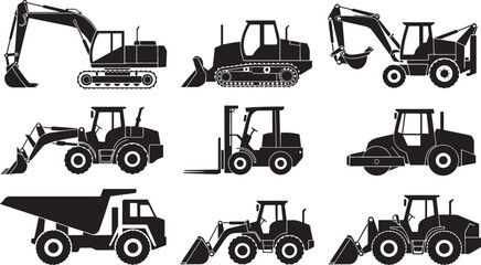 Set of 9 black construction excavation and bulldozer silhouettes with detailed machinery icons in vector format. © MR JOKER