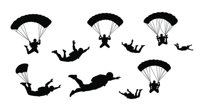 skydivers parachuting through air with dynamic poses silhouette