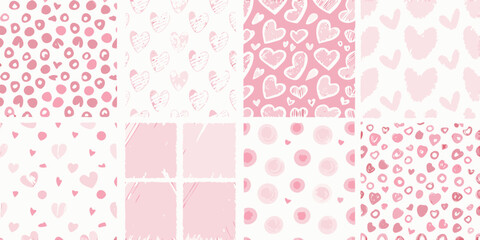 Collection of eight seamless pink hand drawn patterns featuring hearts and polka dots for valentine s day