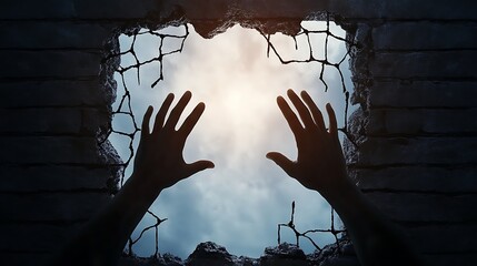 Law Restriction Battle Light Emerging Through Cracked Wall Hands Reaching