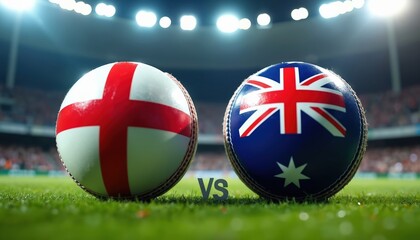 Cricket balls featuring England, Australia flags sit on green grass under stadium lights. Intense match anticipation builds for ultimate skill test between two rival nations. Sports fans await