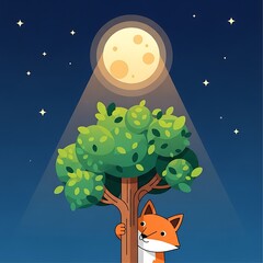 Night Fox Hiding Tree Moonlit.