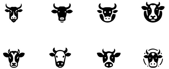 Set of Black and White Cow Head Icons Collection