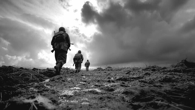 three soldiers return home after heavy fighting. black and white colors