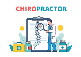 Flat style illustration of chiropractor examining spine chart with magnifying glass, surrounded by medical tools and medicine, emphasizing back pain treatment, posture correction, healthcare support