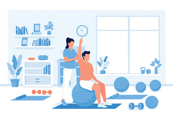Flat style illustration of chiropractor treatment with therapist guiding patient on exercise ball, focusing on posture correction, physiotherapy, rehabilitation, and healthcare for back pain