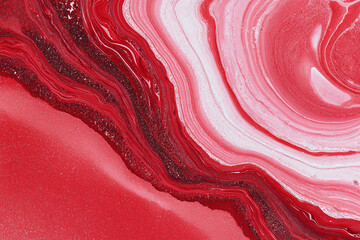 Red and white abstract swirls with glitter texture art painting background