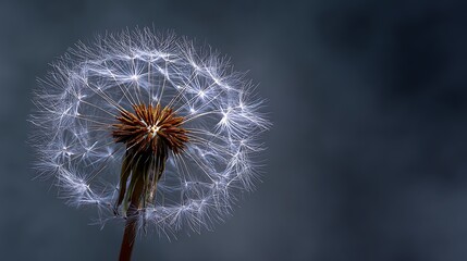 Delicate dandelion seed head illuminated by soft light against a moody dark background