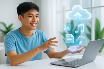 A smiling man uploading files to cloud storage while using a laptop. Cloud computing concept with digital icons