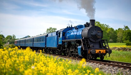Naklejka premium Steam train through a field of flowers