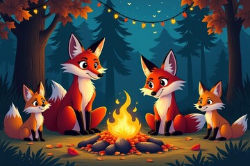 Cute fox family gathered around a campfire in a forest at night