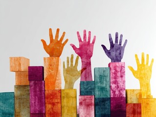 Teamwork and diversity concept. Colorful hands silhouettes building wooden blocks.