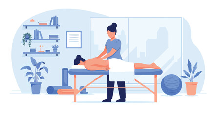 Flat style illustration of massage therapy session with therapist giving back massage to patient in wellness clinic, emphasizing relaxation, stress relief, and alternative healthcare treatment