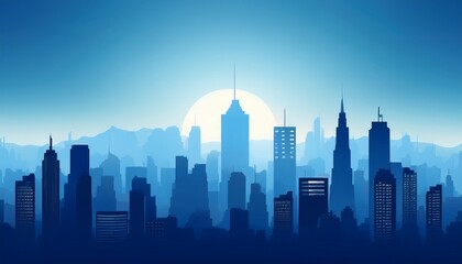 a blue cityscape skyline with a hazy sun rising behind the buildings