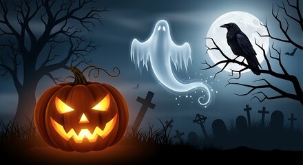 Halloween Jackolantern with ghost, and crow.