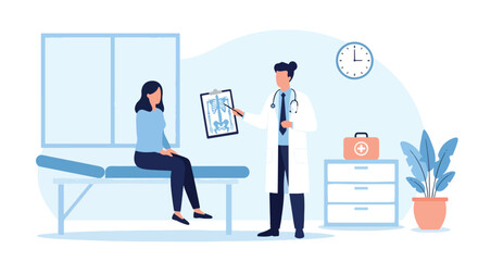 Flat style illustration of doctor showing X-ray to patient in medical office, highlighting healthcare consultation, diagnosis, treatment, and professional support for health and wellness