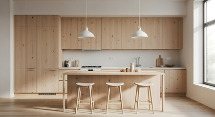 Fototapeta premium Contemporary Minimalist Kitchen Design Showcasing Wooden Cabinetry And Modern Fixtures