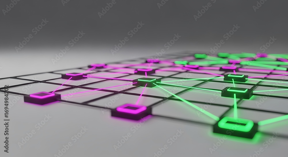 Poster glowing node network interconnected data points in a digital landscape