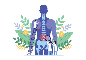 Flat style illustration of chiropractors examining spine with magnifying glasses and ladders, focusing on back pain treatment, posture correction, and medical healthcare for wellness and recovery