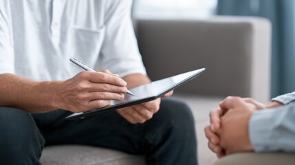 personal life coach using tablet during consultation with a client no logos no brands ar 169