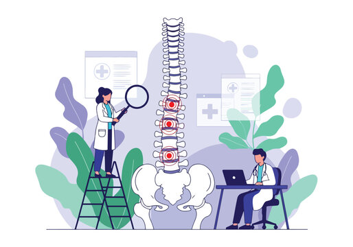 Flat style illustration of chiropractor treatment with doctor examining spine and patient sitting at desk, highlighting back pain therapy, posture correction, and medical healthcare concept