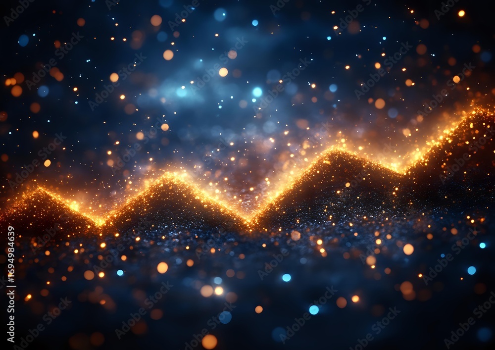 Poster glowing golden zigzag line with sparkles and bokeh effects on dark blue background, abstract financi