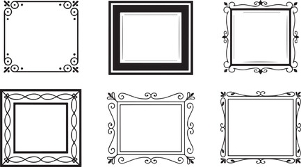 Set of six elegant decorative ornate black and white frames with intricate scrollwork and vintage design elements.