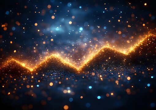 Glowing golden zigzag line with sparkles and bokeh effects on dark blue background, abstract financial growth chart concept with magical light particles.
